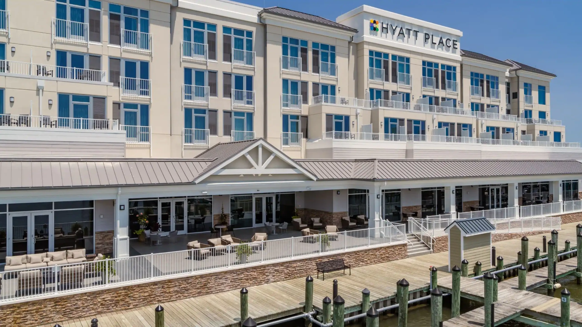 Waterfront veranda and covered patio at Hyatt Place Kent Narrows